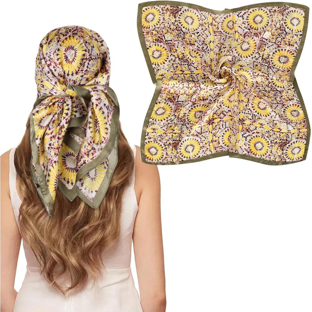 imageEXTREE Silk Feeling Scarf Medium Square Satin Head Scarf Sleeping Hair Wrapping for Women 275  275 inchesYellow Geometric Print