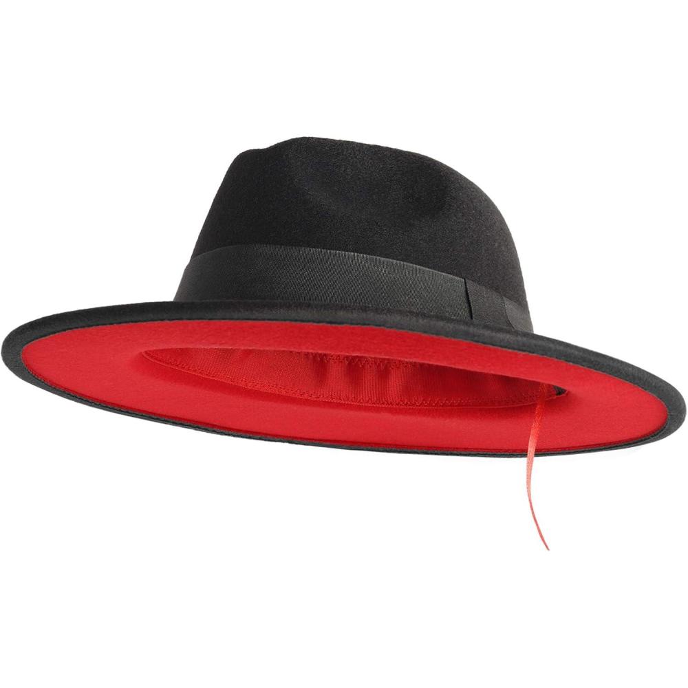 imageEXTREE Wide Brim Wool Felt Fedora Hat for Men and Women with Belt Buckle TwoTone StitchingBlackred