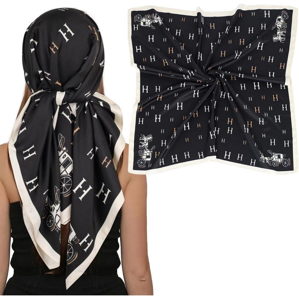 imageEXTREE Womens 35 inch Fashion Headscarf Silk Satin Scarf for Hair Wrapping at Night Bandana Square Scarf for SleepingAlphabet Carriage Black