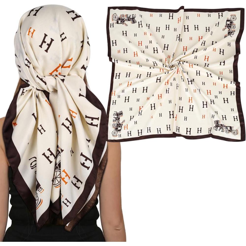 imageEXTREE Womens 35 inch Fashion Headscarf Silk Satin Scarf for Hair Wrapping at Night Bandana Square Scarf for SleepingAlphabet Carriage White