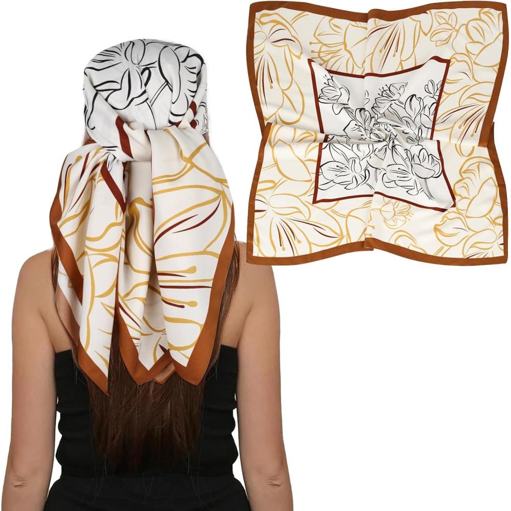 imageEXTREE Womens 35 inch Fashion Headscarf Silk Satin Scarf for Hair Wrapping at Night Bandana Square Scarf for SleepingBeige Buds