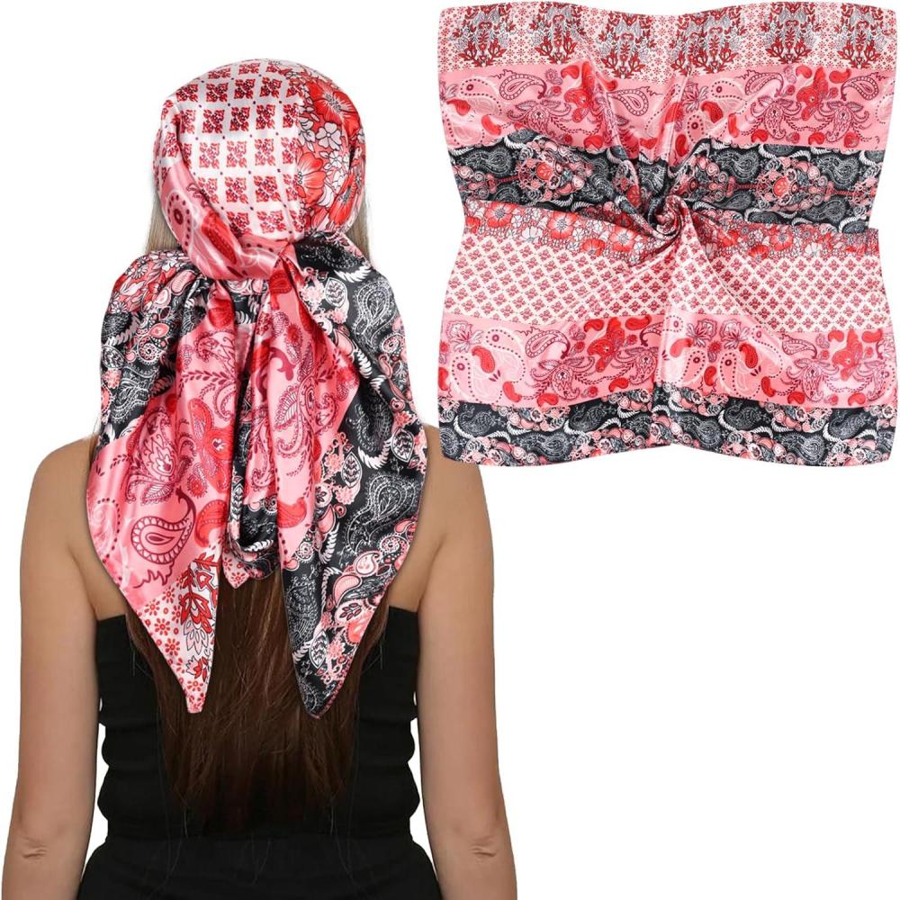imageEXTREE Womens 35 inch Fashion Headscarf Silk Satin Scarf for Hair Wrapping at Night Bandana Square Scarf for SleepingBig Red Powder