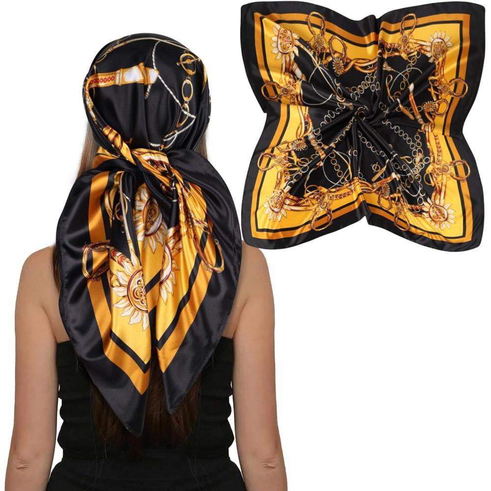 imageEXTREE Womens 35 inch Fashion Headscarf Silk Satin Scarf for Hair Wrapping at Night Bandana Square Scarf for SleepingBlack Gold
