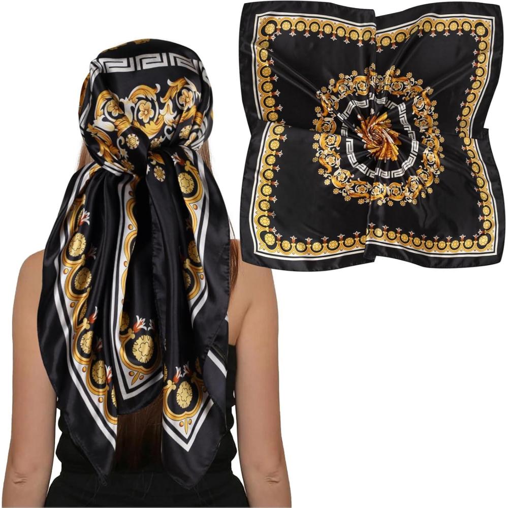 imageEXTREE Womens 35 inch Fashion Headscarf Silk Satin Scarf for Hair Wrapping at Night Bandana Square Scarf for SleepingBlack Gold One