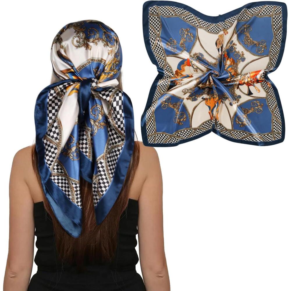 imageEXTREE Womens 35 inch Fashion Headscarf Silk Satin Scarf for Hair Wrapping at Night Bandana Square Scarf for SleepingBlue
