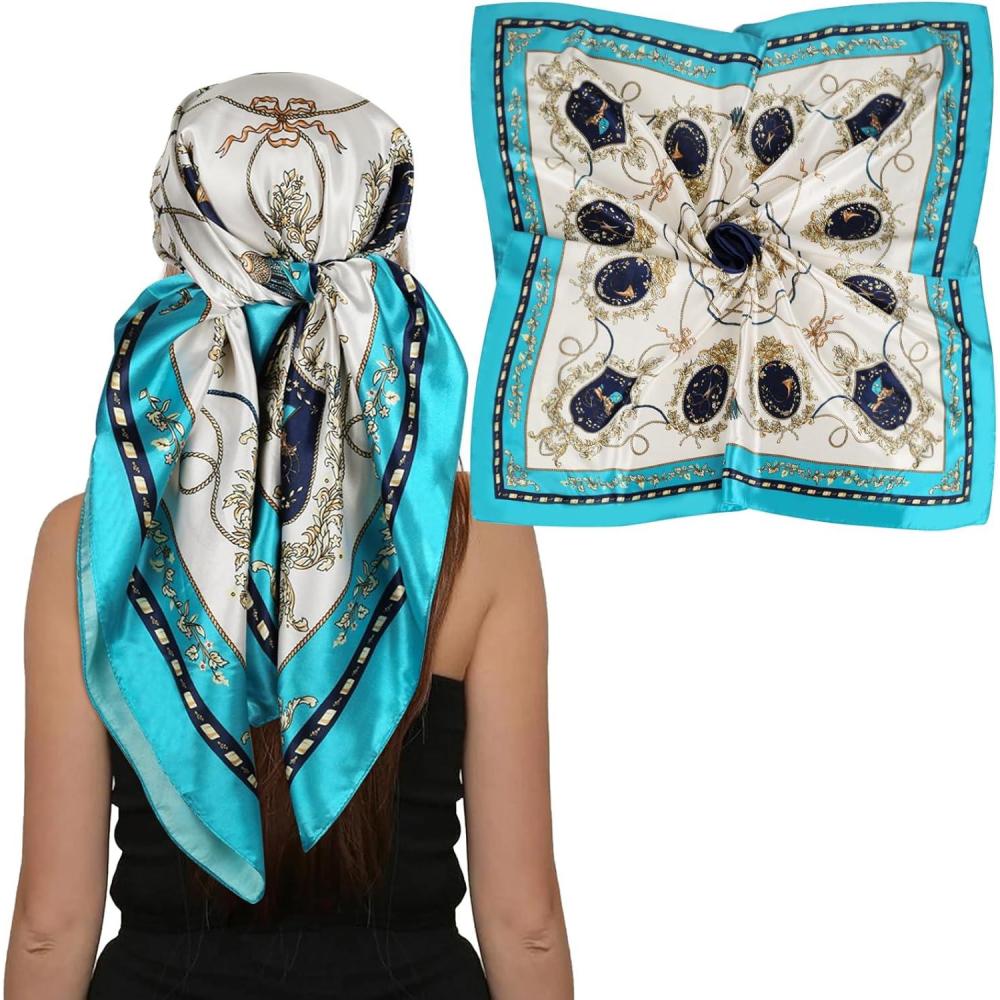 imageEXTREE Womens 35 inch Fashion Headscarf Silk Satin Scarf for Hair Wrapping at Night Bandana Square Scarf for SleepingBlue Cherry Love