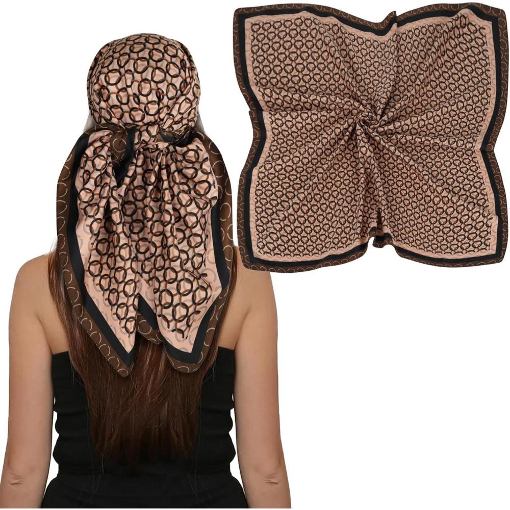 imageEXTREE Womens 35 inch Fashion Headscarf Silk Satin Scarf for Hair Wrapping at Night Bandana Square Scarf for SleepingBrown Circle