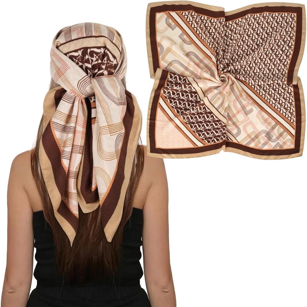 imageEXTREE Womens 35 inch Fashion Headscarf Silk Satin Scarf for Hair Wrapping at Night Bandana Square Scarf for SleepingBrown One
