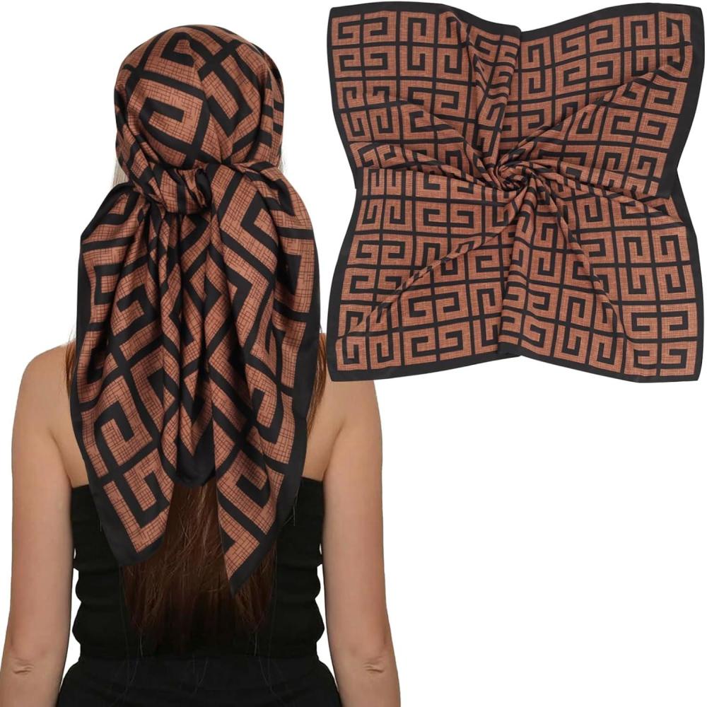 imageEXTREE Womens 35 inch Fashion Headscarf Silk Satin Scarf for Hair Wrapping at Night Bandana Square Scarf for SleepingDark Brown Back Pattern
