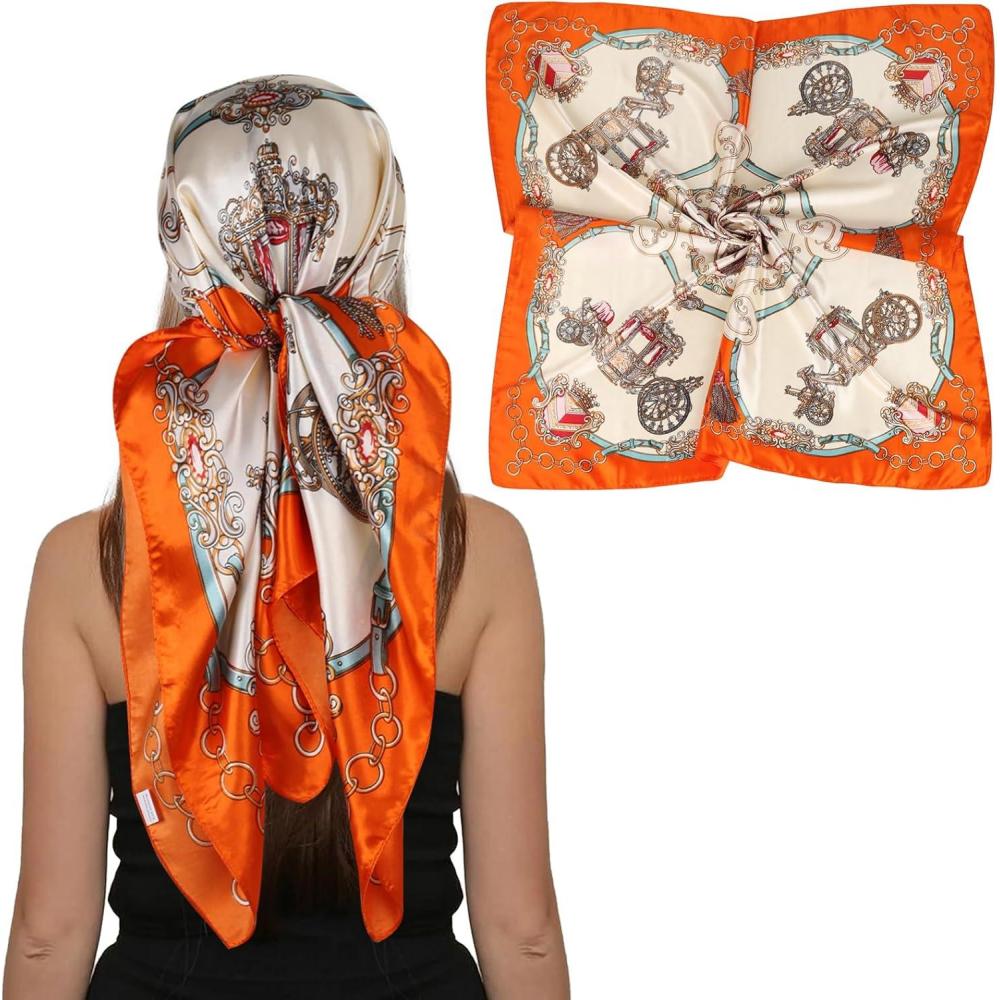 imageEXTREE Womens 35 inch Fashion Headscarf Silk Satin Scarf for Hair Wrapping at Night Bandana Square Scarf for SleepingFashion Emma Orange