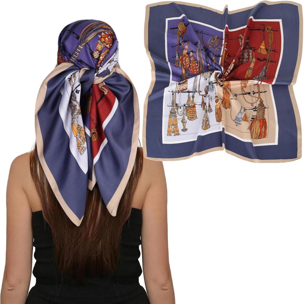 imageEXTREE Womens 35 inch Fashion Headscarf Silk Satin Scarf for Hair Wrapping at Night Bandana Square Scarf for SleepingHanging Tassel Jigsaw Puzzle Purple