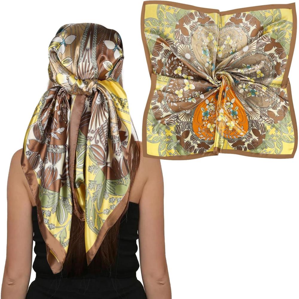 imageEXTREE Womens 35 inch Fashion Headscarf Silk Satin Scarf for Hair Wrapping at Night Bandana Square Scarf for SleepingHeartshaped Floral Orange