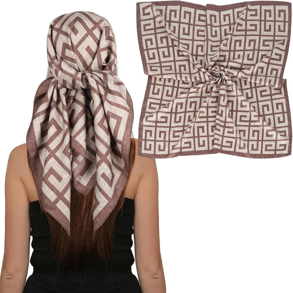 imageEXTREE Womens 35 inch Fashion Headscarf Silk Satin Scarf for Hair Wrapping at Night Bandana Square Scarf for SleepingKhaki Back Pattern