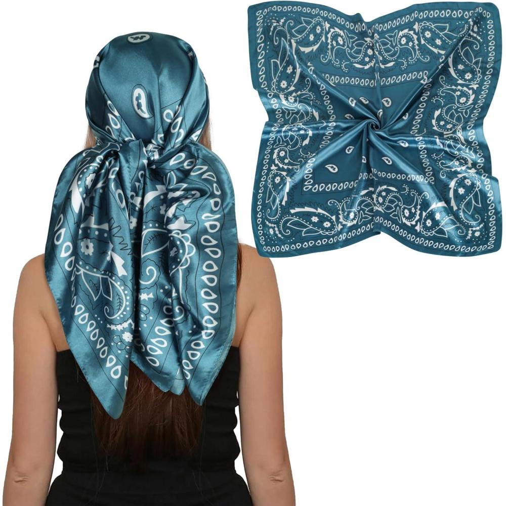 imageEXTREE Womens 35 inch Fashion Headscarf Silk Satin Scarf for Hair Wrapping at Night Bandana Square Scarf for SleepingLake Blue