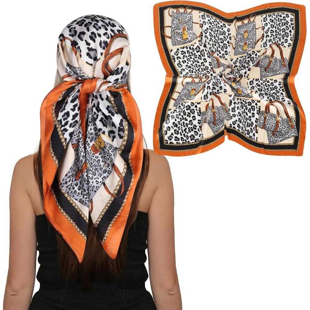 imageEXTREE Womens 35 inch Fashion Headscarf Silk Satin Scarf for Hair Wrapping at Night Bandana Square Scarf for SleepingLeopard