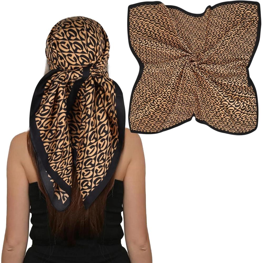 imageEXTREE Womens 35 inch Fashion Headscarf Silk Satin Scarf for Hair Wrapping at Night Bandana Square Scarf for SleepingLetters Black Gold