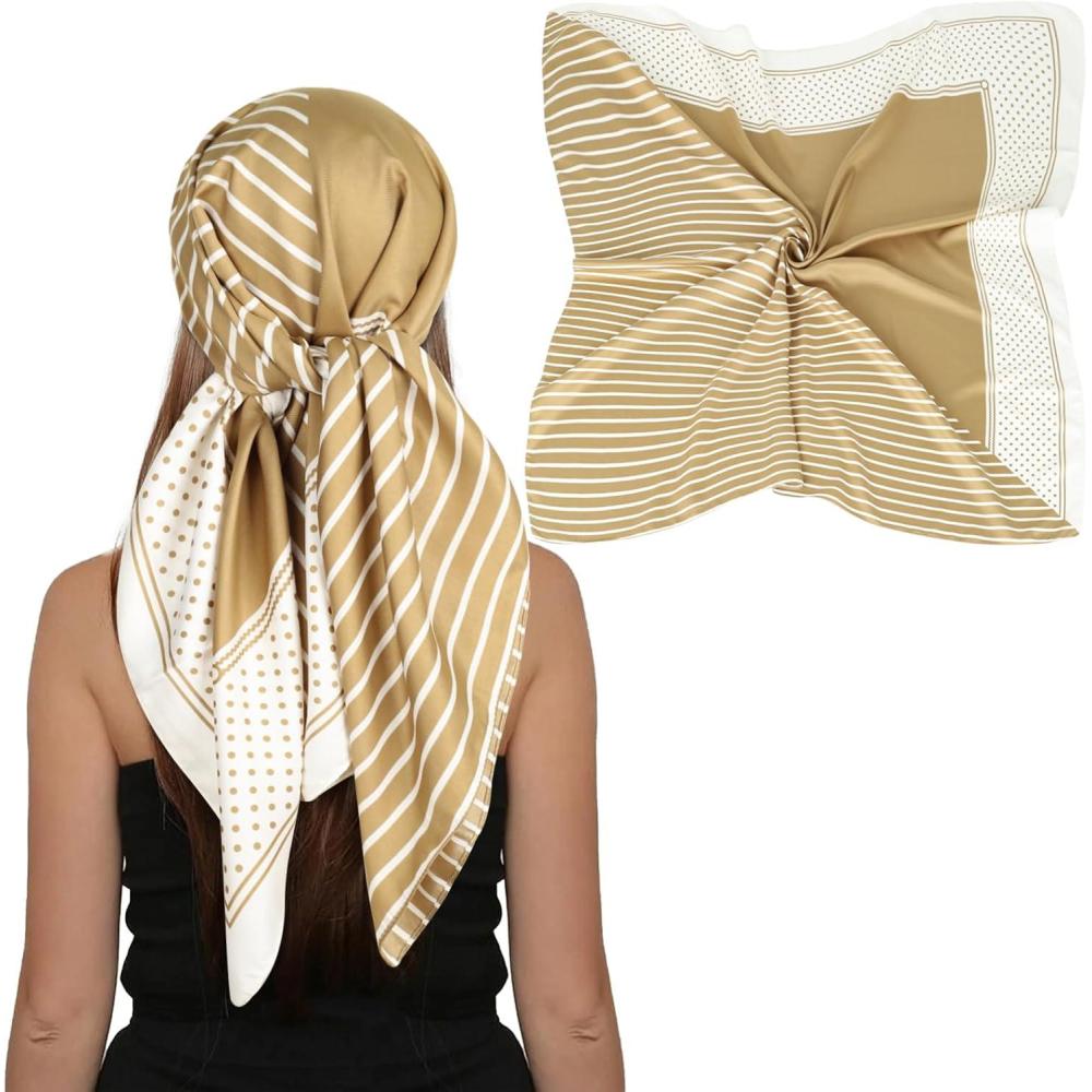 imageEXTREE Womens 35 inch Fashion Headscarf Silk Satin Scarf for Hair Wrapping at Night Bandana Square Scarf for SleepingMikhaki Stripes