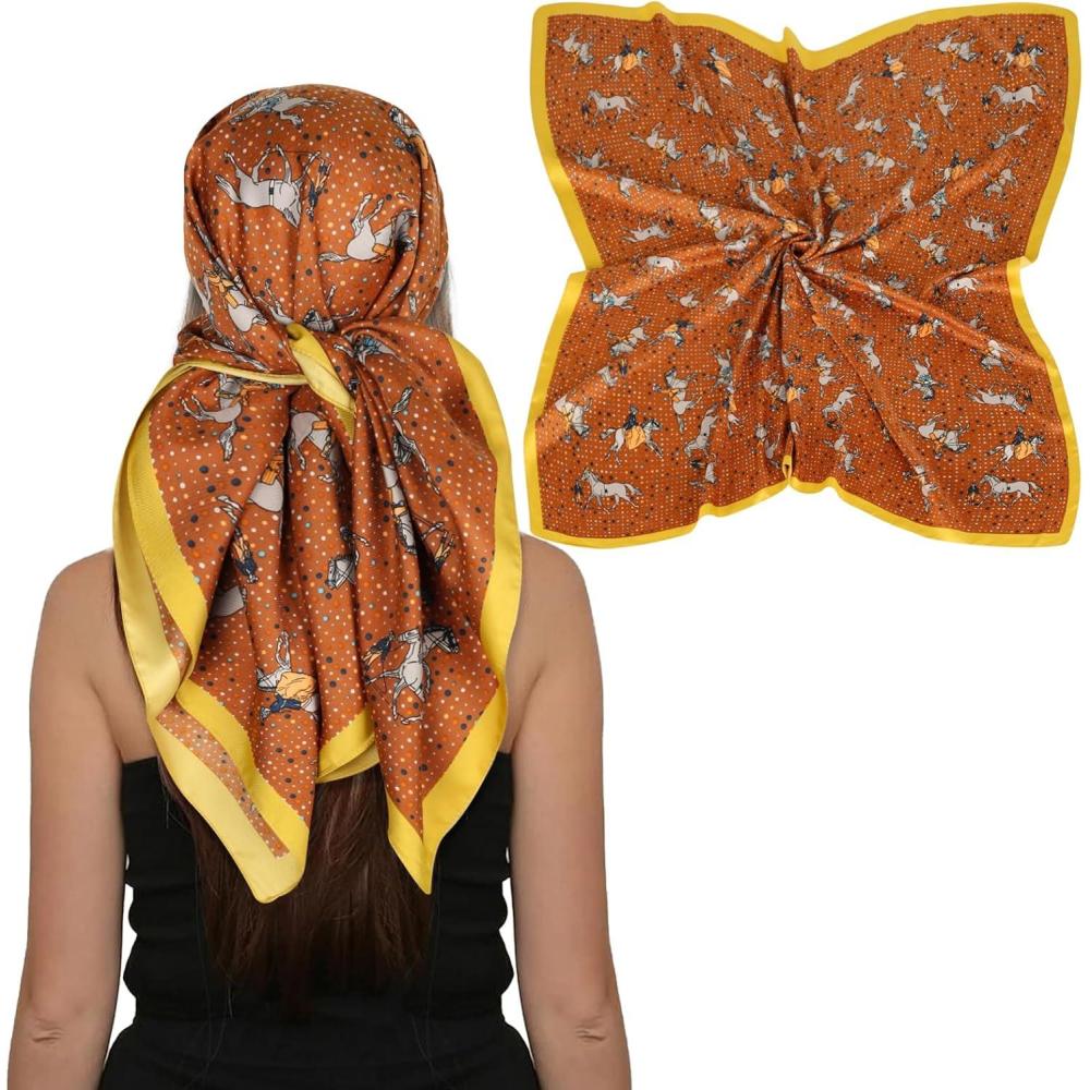 imageEXTREE Womens 35 inch Fashion Headscarf Silk Satin Scarf for Hair Wrapping at Night Bandana Square Scarf for SleepingPony Orange With Yellow Edges