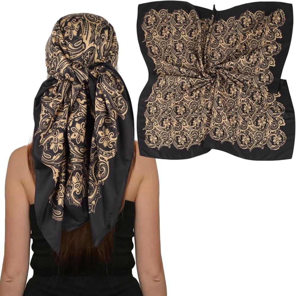 imageEXTREE Womens 35 inch Fashion Headscarf Silk Satin Scarf for Hair Wrapping at Night Bandana Square Scarf for SleepingRetro Pattern Black and Gold