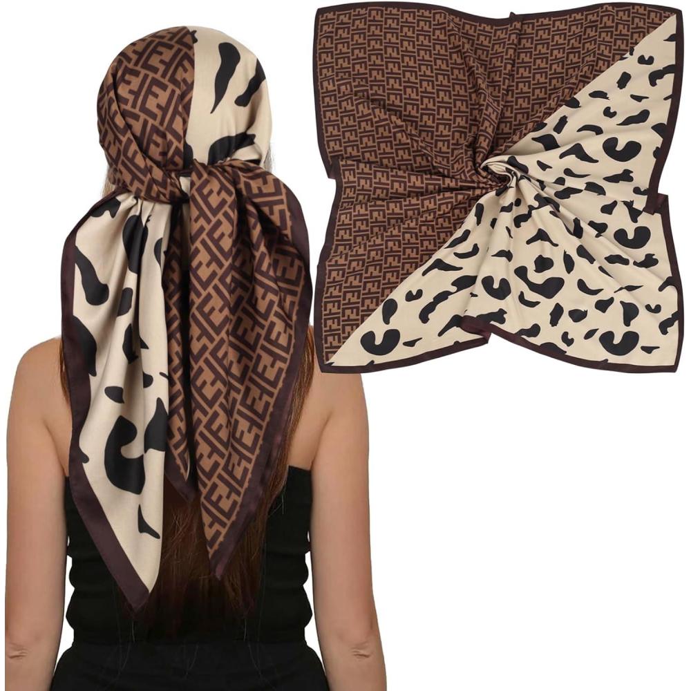 imageEXTREE Womens 35 inch Fashion Headscarf Silk Satin Scarf for Hair Wrapping at Night Bandana Square Scarf for SleepingStreamline Zebra Pattern Coffee