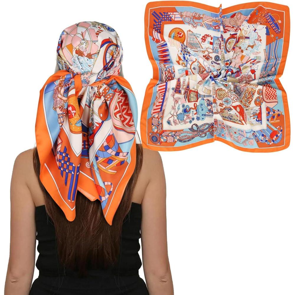 imageEXTREE Womens 35 inch Fashion Headscarf Silk Satin Scarf for Hair Wrapping at Night Bandana Square Scarf for SleepingTreasure Orange Twill