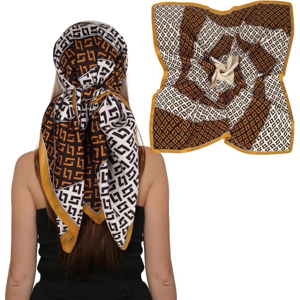 imageEXTREE Womens 35 inch Fashion Headscarf Silk Satin Scarf for Hair Wrapping at Night Bandana Square Scarf for SleepingTurmeric