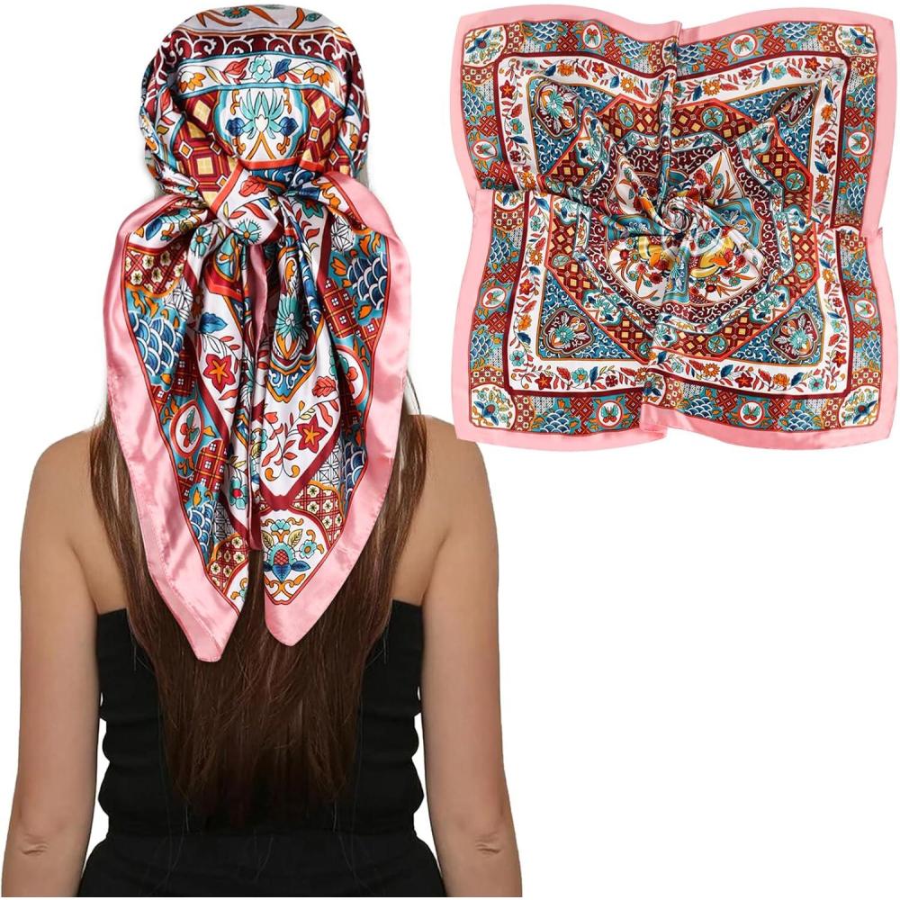 imageEXTREE Womens 35 inch Fashion Headscarf Silk Satin Scarf for Hair Wrapping at Night Bandana Square Scarf for SleepingYunjin Tianhua Pink