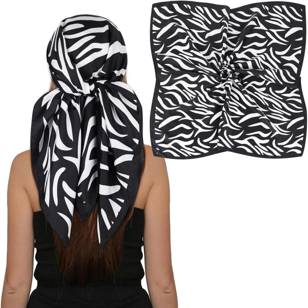 imageEXTREE Womens 35 inch Fashion Headscarf Silk Satin Scarf for Hair Wrapping at Night Bandana Square Scarf for SleepingZebra Black