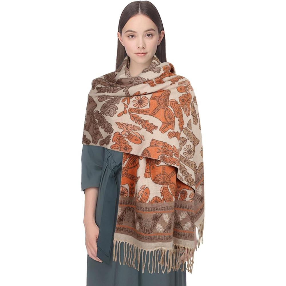 imageEXTREE Womens Scarf Pashmina Shawls and Wraps for Evening Dress Bridesmaid Wedding Bridal Winter Warm Long Large ScarvesBrown Orange Retro
