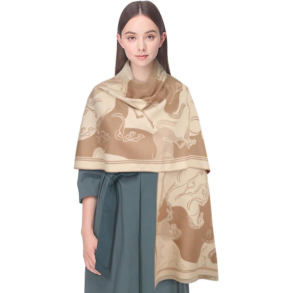 imageEXTREE Womens Scarf Pashmina Shawls and Wraps for Evening Dress Bridesmaid Wedding Bridal Winter Warm Long Large ScarvesGalloping Horse Brown