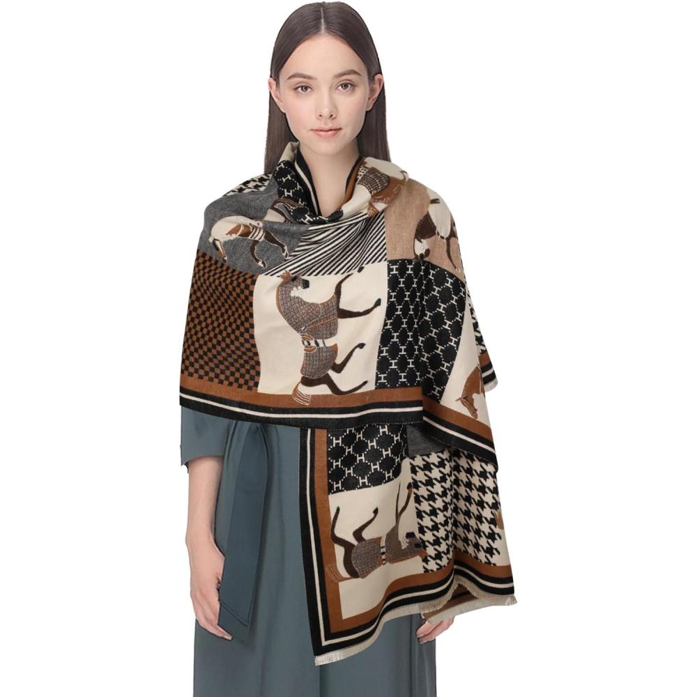 imageEXTREE Womens Scarf Pashmina Shawls and Wraps for Evening Dress Bridesmaid Wedding Bridal Winter Warm Long Large ScarvesHoundstooth H Horse Black Coffee