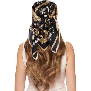 imageEXTREE 100 Pure Mulberry Silk Scarf Fashion Hair for Women Scarf Lightweight Square Neckerchief 275 275 inchesBlack and Gold Floral New Style Horse