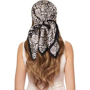 imageEXTREE 100 Pure Mulberry Silk Scarf Fashion Hair for Women Scarf Lightweight Square Neckerchief 275 275 inchesBlack and White Rose
