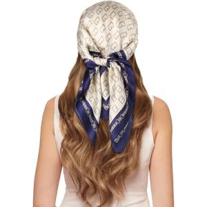 imageEXTREE 100 Pure Mulberry Silk Scarf Fashion Hair for Women Scarf Lightweight Square Neckerchief 275 275 inchesLf Beige Blue Edge