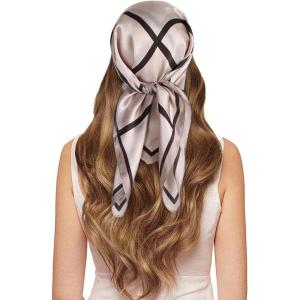 imageEXTREE 100 Pure Mulberry Silk Scarf Fashion Hair for Women Scarf Lightweight Square Neckerchief 275 275 inchesMilk Tea Color Silky Plaid