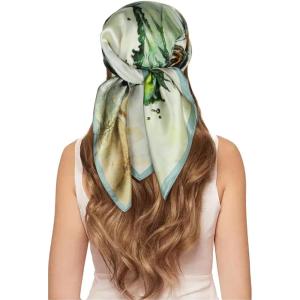 imageEXTREE 100 Pure Mulberry Silk Scarf Fashion Hair for Women Scarf Lightweight Square Neckerchief 275 275 inchesOil Painting Girl Green