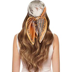 imageEXTREE 100 Pure Mulberry Silk Scarf Fashion Hair for Women Scarf Lightweight Square Neckerchief 275 275 inchesOrange Brown and Beige Horse Racing Totem
