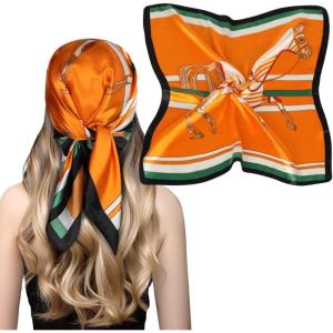 imageEXTREE Fashion Silky Satin Headscarf for Women Girls Exquisite Pattern Lightweight Silk Graceful Scarfs 275 x 275 inchesArmy Green Horse Orange Black and White