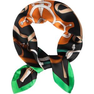 imageEXTREE Fashion Silky Satin Headscarf for Women Girls Exquisite Pattern Lightweight Silk Graceful Scarfs 275 x 275 inchesBlack Green Edge Geometric Chain