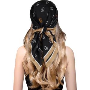 imageEXTREE Fashion Silky Satin Headscarf for Women Girls Exquisite Pattern Lightweight Silk Graceful Scarfs 275 x 275 inchesBlack Letter D