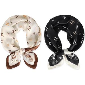 imageEXTREE Fashion Silky Satin Headscarf for Women Girls Exquisite Pattern Lightweight Silk Graceful Scarfs 275 x 275 inchesBlack White