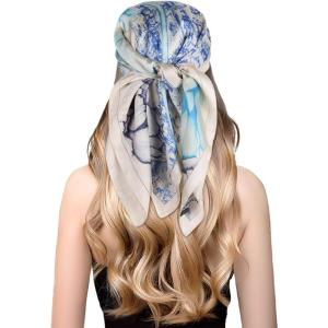 imageEXTREE Fashion Silky Satin Headscarf for Women Girls Exquisite Pattern Lightweight Silk Graceful Scarfs 275 x 275 inchesBlue and Green Peony Fantasy
