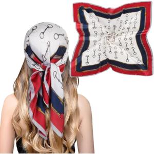 imageEXTREE Fashion Silky Satin Headscarf for Women Girls Exquisite Pattern Lightweight Silk Graceful Scarfs 275 x 275 inchesBurgundy Edge Horseshoe Buckle