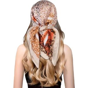 imageEXTREE Fashion Silky Satin Headscarf for Women Girls Exquisite Pattern Lightweight Silk Graceful Scarfs 275 x 275 inchesCamel Coffee With Small Leopard Print Border