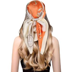 imageEXTREE Fashion Silky Satin Headscarf for Women Girls Exquisite Pattern Lightweight Silk Graceful Scarfs 275 x 275 inchesCharacter Photo Frame Orange