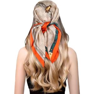 imageEXTREE Fashion Silky Satin Headscarf for Women Girls Exquisite Pattern Lightweight Silk Graceful Scarfs 275 x 275 inchesChessboard Leather Buckle Orange