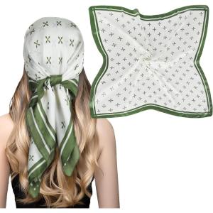 imageEXTREE Fashion Silky Satin Headscarf for Women Girls Exquisite Pattern Lightweight Silk Graceful Scarfs 275 x 275 inchesCross Arrow White Green