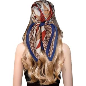 imageEXTREE Fashion Silky Satin Headscarf for Women Girls Exquisite Pattern Lightweight Silk Graceful Scarfs 275 x 275 inchesDiamond Navy Blue Border