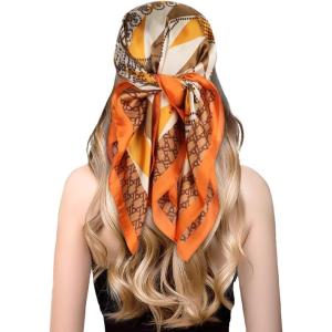 imageEXTREE Fashion Silky Satin Headscarf for Women Girls Exquisite Pattern Lightweight Silk Graceful Scarfs 275 x 275 inchesDiamond Orange Edge
