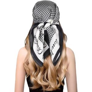 imageEXTREE Fashion Silky Satin Headscarf for Women Girls Exquisite Pattern Lightweight Silk Graceful Scarfs 275 x 275 inchesEnglish Houndstooth Black